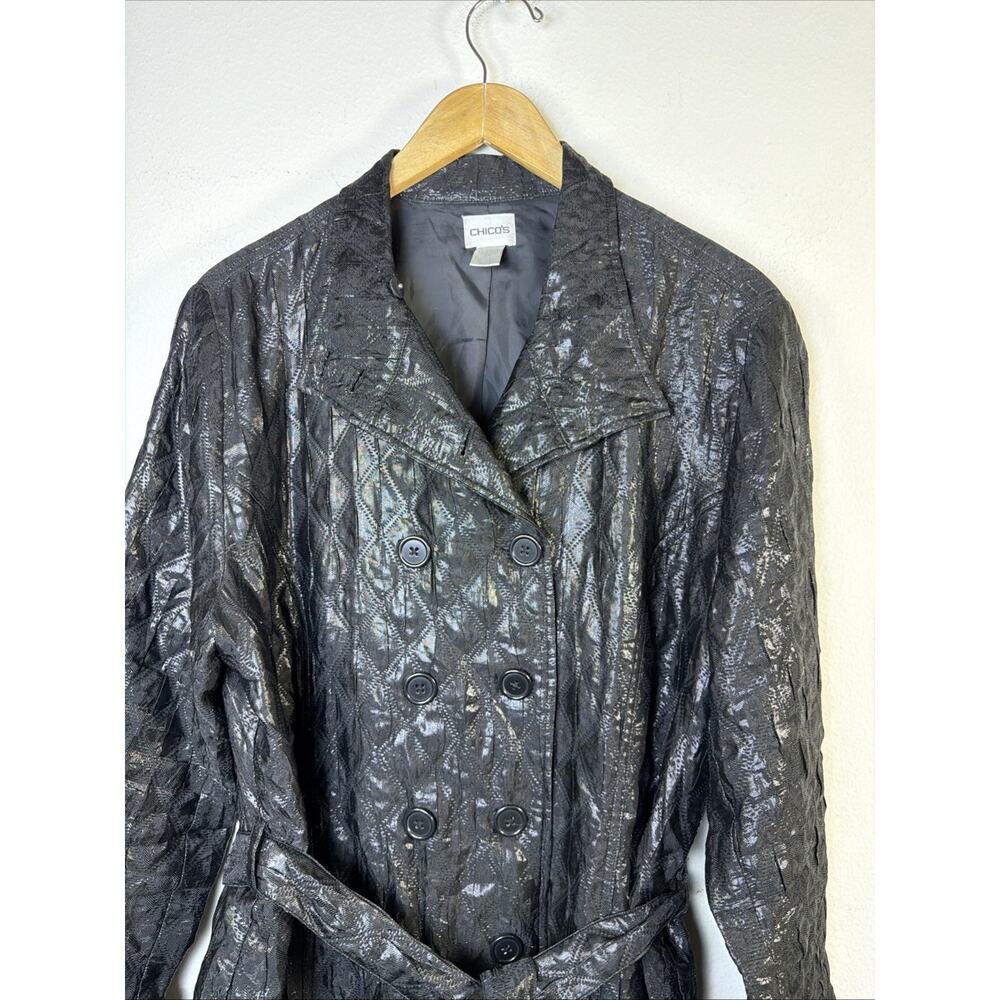 Chico's 3 Small Black Jacket Trench shiny Quilted Lightweight Belted party XL - Picture 3 of 11